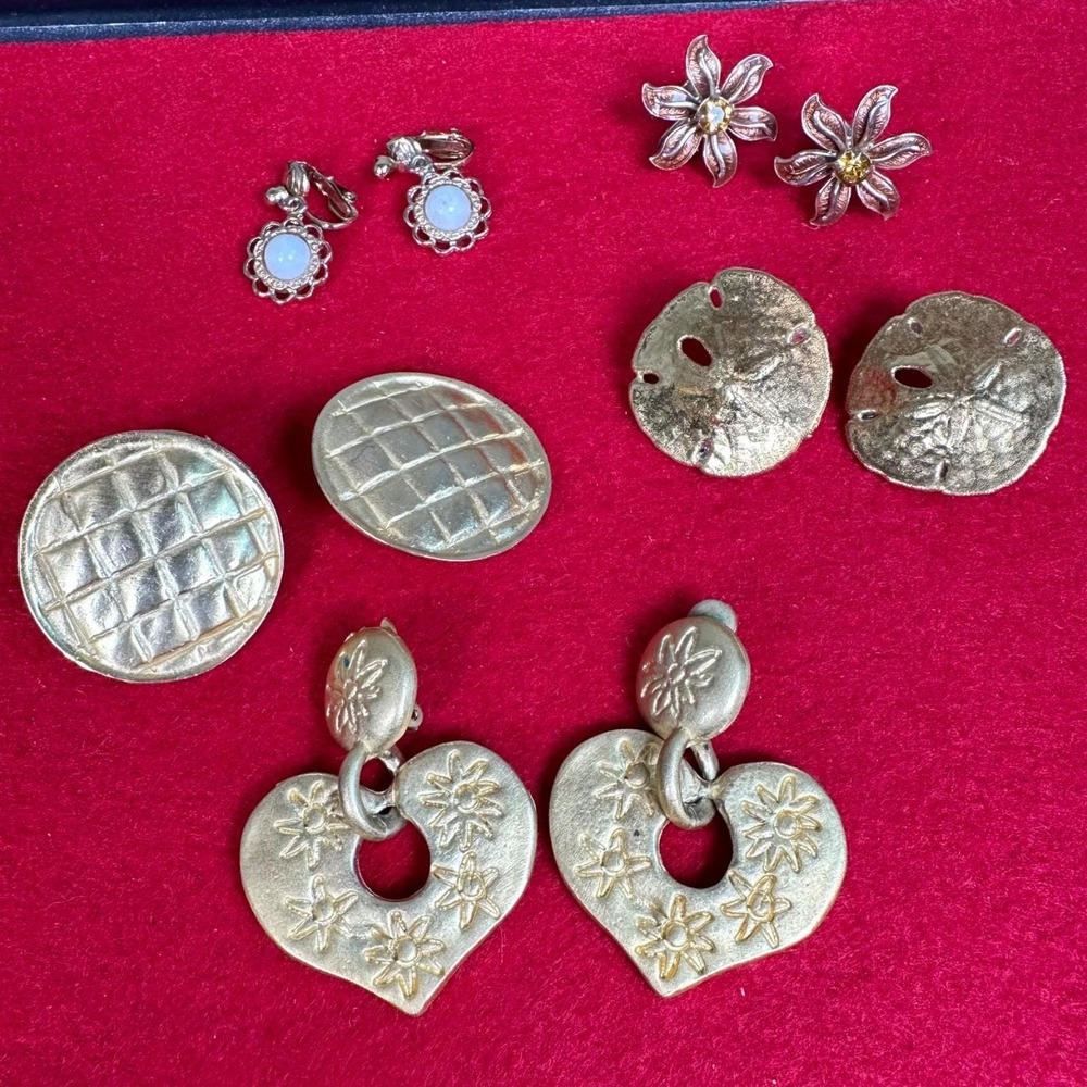 Vintage 1980s Gold Tone Clip On Earrings Lot 5 Pairs Statement Costume Jewelry